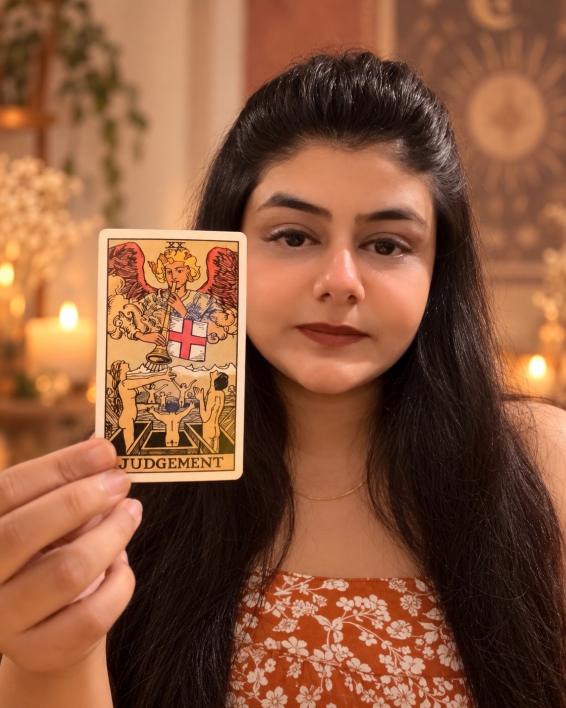 Disha holding the Judgement tarot card